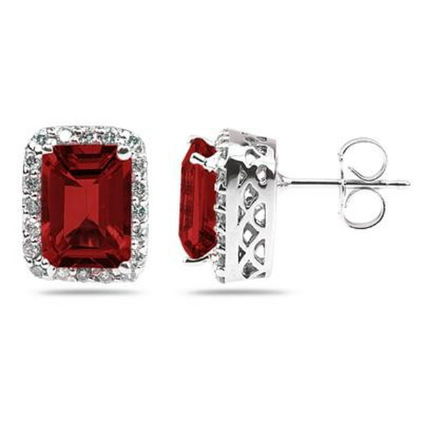 14K White Gold 8x6MM Emerald Shaped Garnet and Diamond Earrings 14K White Gold 8x6MM Emerald Shaped Garnet and Diamond Earrings